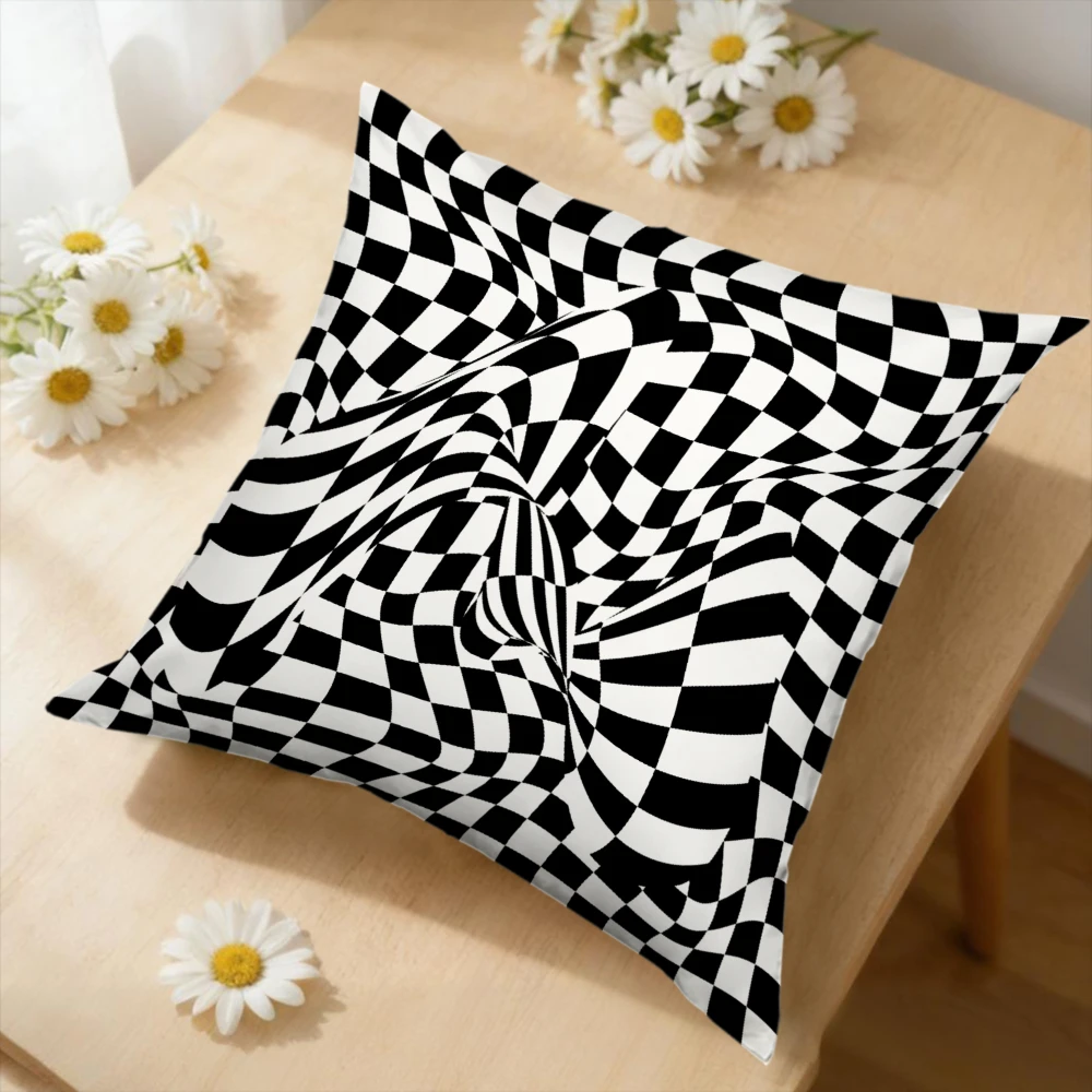 1pc Modern Geometric Black And White Checkered Optical Illusion Cushion Cover For Living Room Sofa Bed Decor Soft Breathable