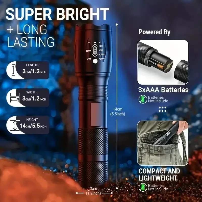 High Power LED Flashlight 5 Light Modes Zoom Aluminum Waterproof Camping Torch with External 3 AAA Battery Compartment