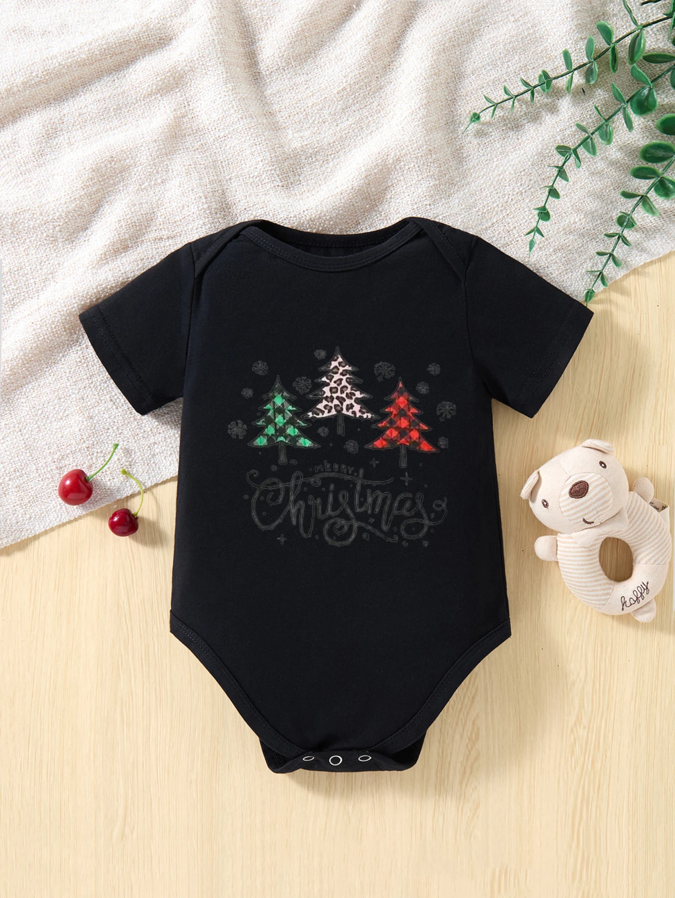 

Infant Bodysuit Short Sleeve Christmas Trees with Merry Christmas Text for Newborn Boys and Girls Festive Party Outfit