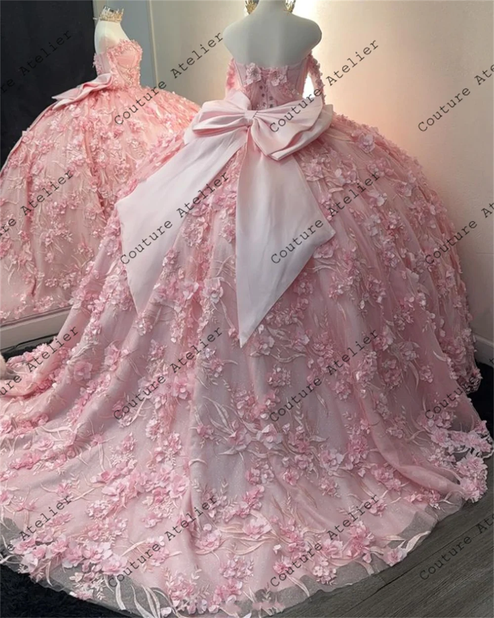 Lovely Pink 3D Flowers Three Quarter Sleeve Quinceanera Dresses Ball Gown 2024 Bow Sweetheart Sweet 16 Dress Wedding Customized