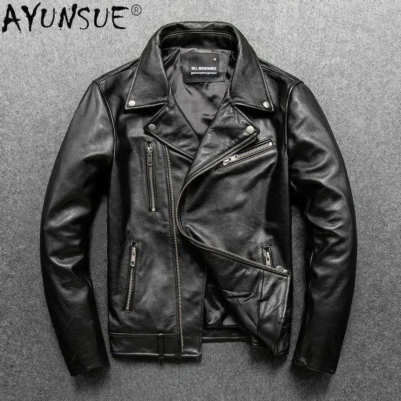 

AYUNSUE Genuine Leather Jacket Men's Pure Cowhide Biker Motorcycle Coats Male 2024 New Autumn Jackets Men Top Large Size Jaqueta