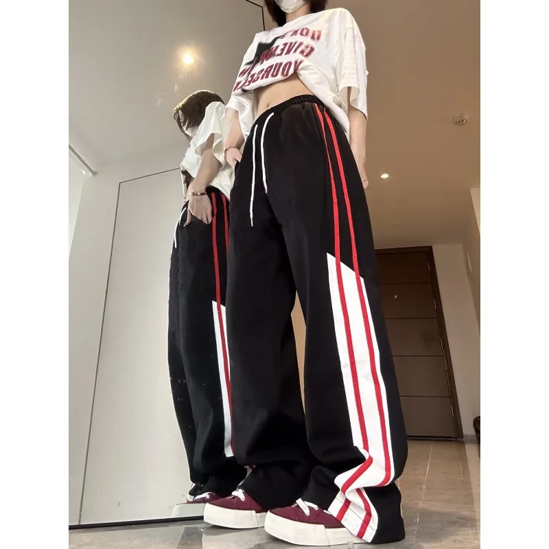 

Deeptown Vintage Sweatpants Women Black Striped Patchwork Pants Streetwear Oversized Jogger Hippie Harajuku Wide Sports Trousers