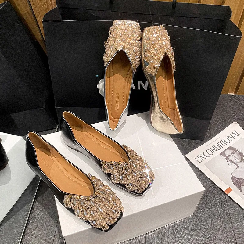 

Luxury Womens Glass Slipper Exquisite Square Head Casual Shoes for Woman Fashion Shallow Flat Shoes Designer Shoes Zapatos Mujer