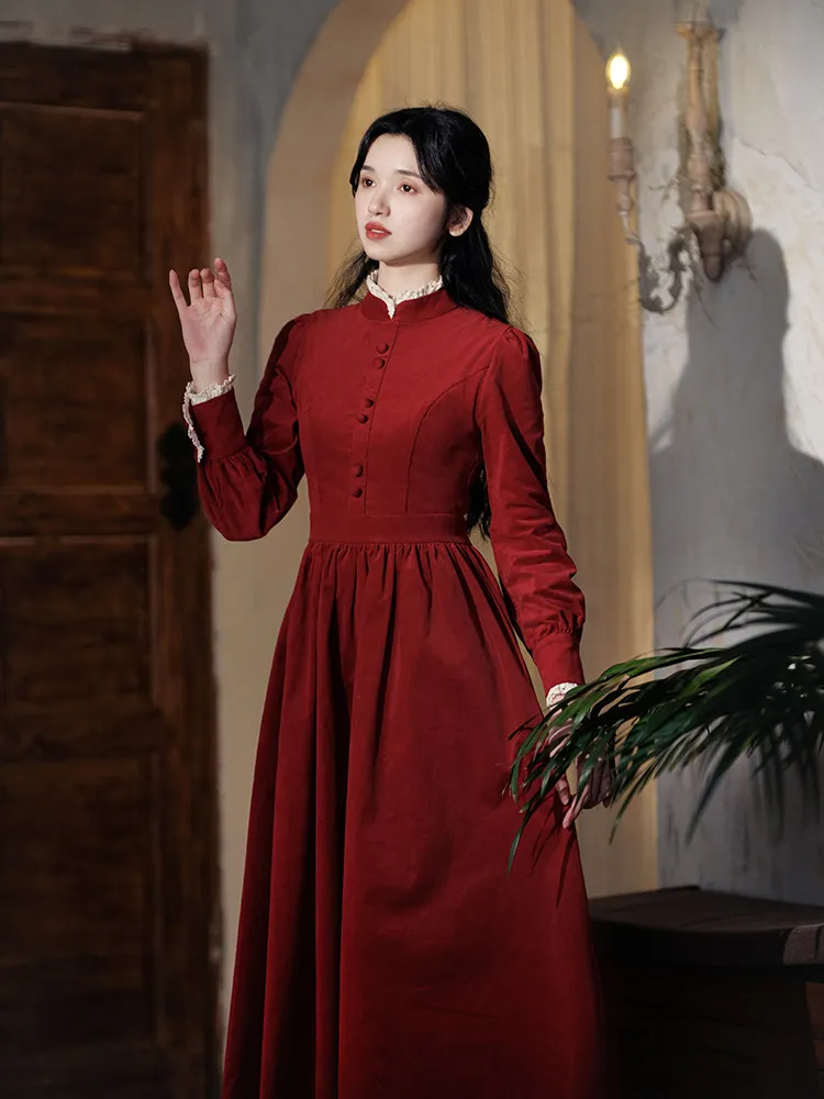 เดรสผ้าลูกฟูกสีน้ำเงินสำหรับผู้หญิง แขนยาว ความยาวกลางน่อง สไตล์วินเทจ เอวสูง คอตั้ง สีดำ ไซส์ S-L สำหรับฤดูใบไม้ร่วงและฤดูหนาว