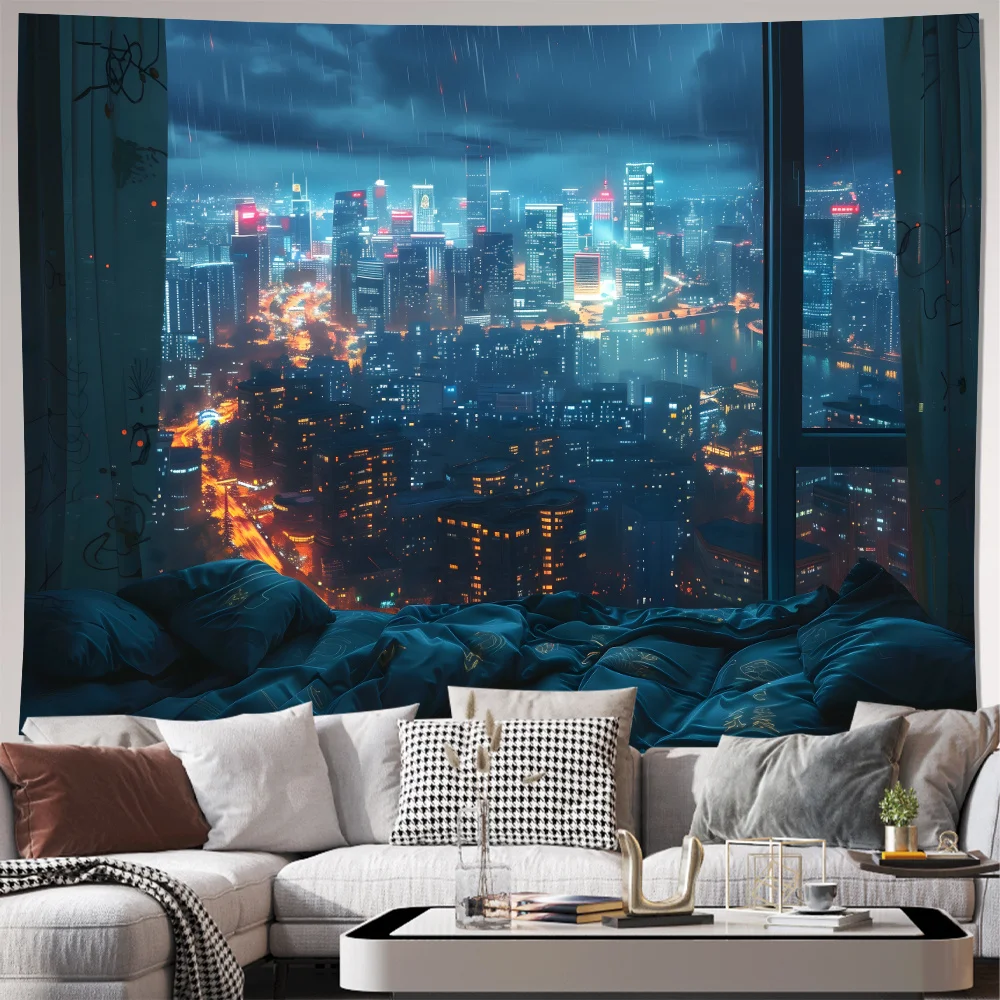 Rainy City Night View Tapestry Modern Wall Hanging Art for Living Room and Bedroom Decor Home Decoration Gift