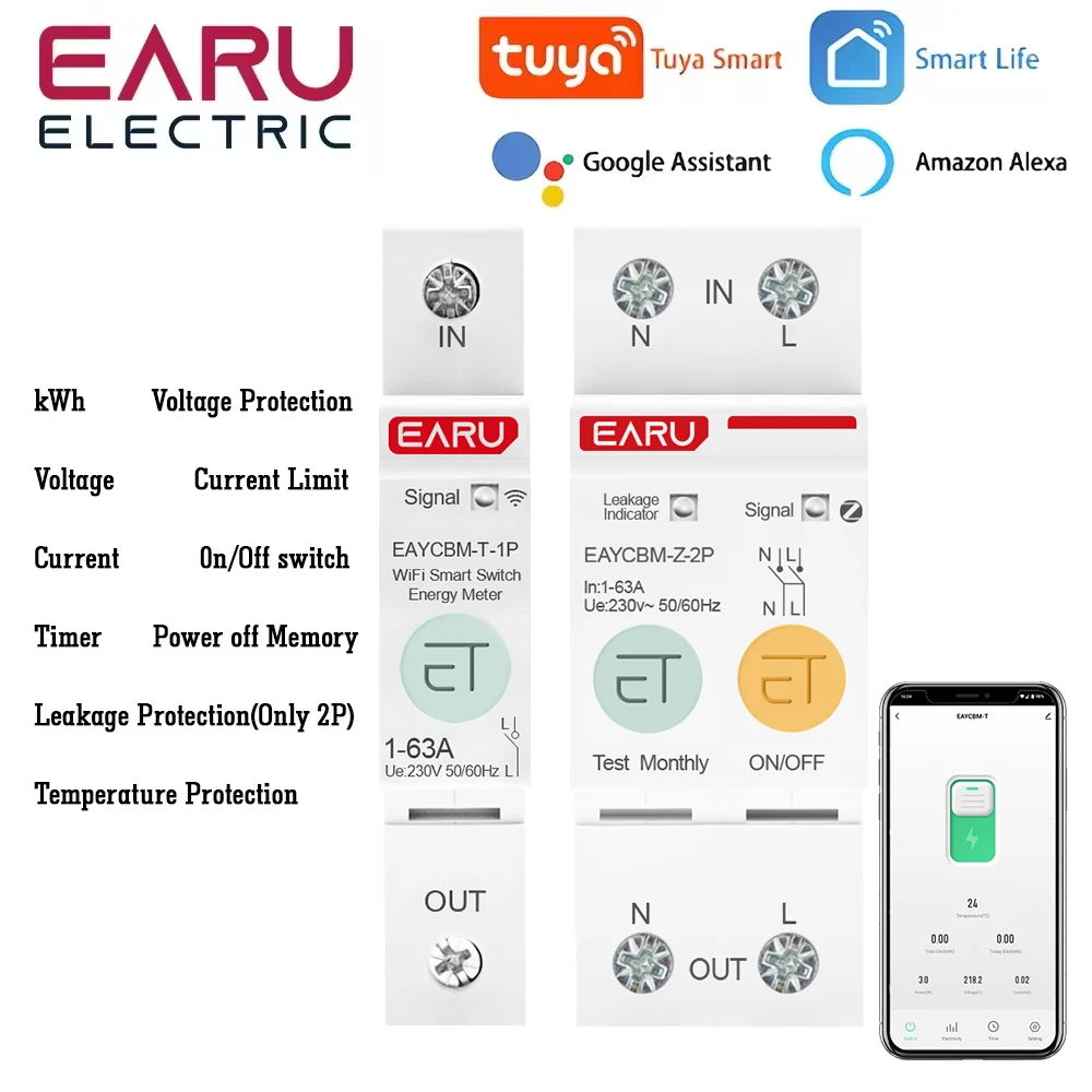 1P 2P TUYA APP Zigbee WIFI Smart Energy Power Consumption kWh Meter Circuit Breaker Time Relay Switch Leakage Voltage Protection