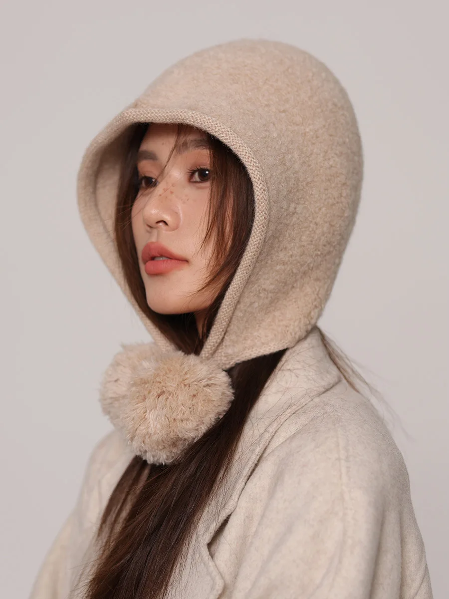 

Хорошее качество, модные меховые шарики, 100% шерстяная шапка-балаклава, женская зимняя вязаная шапка-ушанка из овечьей шерсти, романтическая универсальная шапка