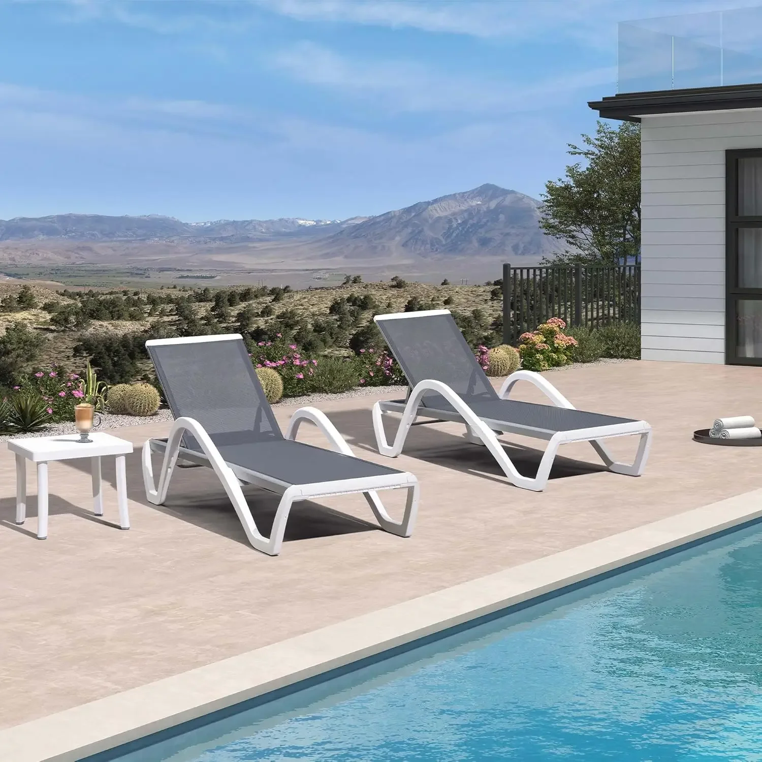 Patio Chaise Lounge Chair Set of 3 Stackable Aluminum Plastic Chairs with Armrests and Side Table for Pool, Light Grey