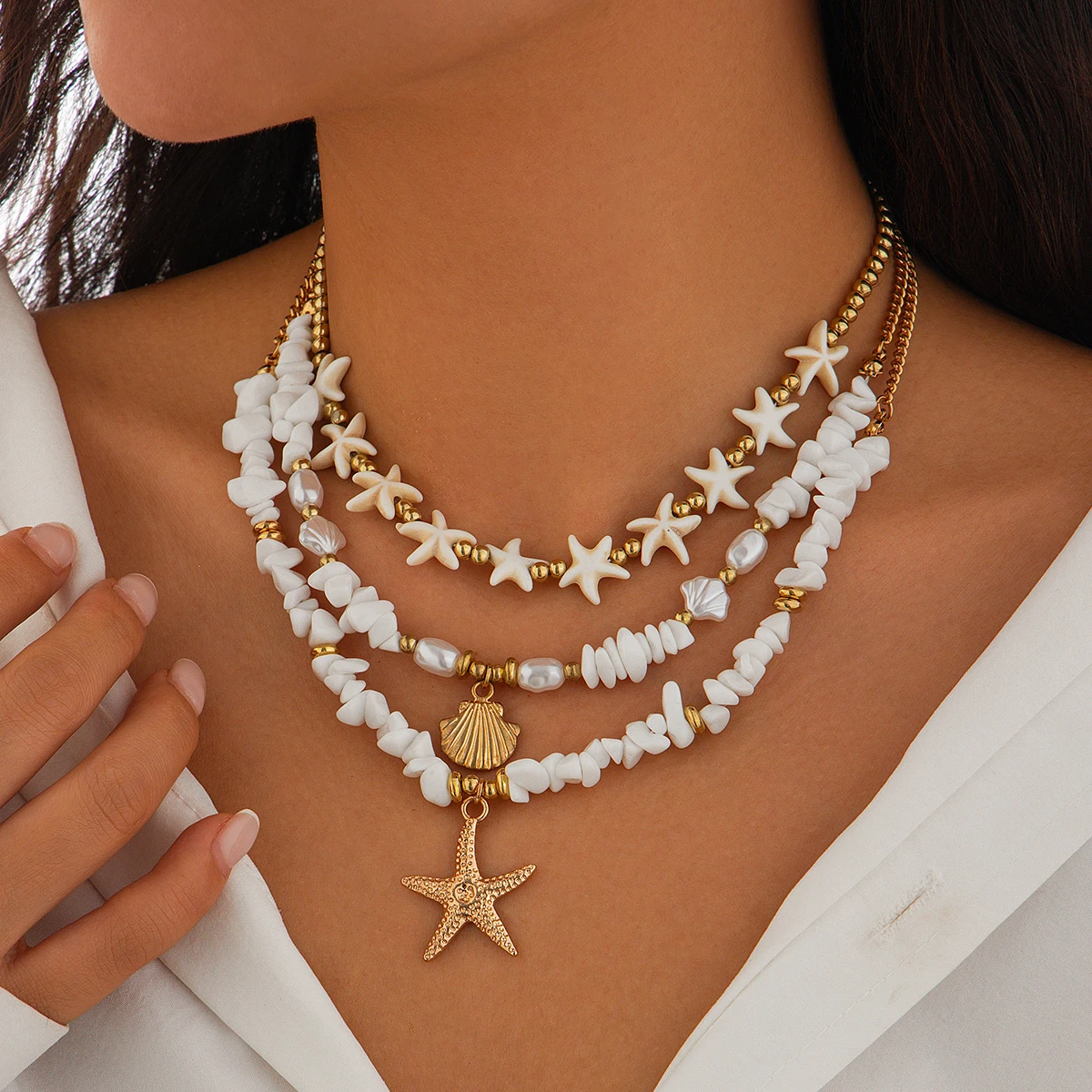 Ingemark 3Pcs/Set Boho Starfish Conch Pendant Choker Necklace Women Creative White Irregular Stone Chain Aesthetic Y2K Jewelry