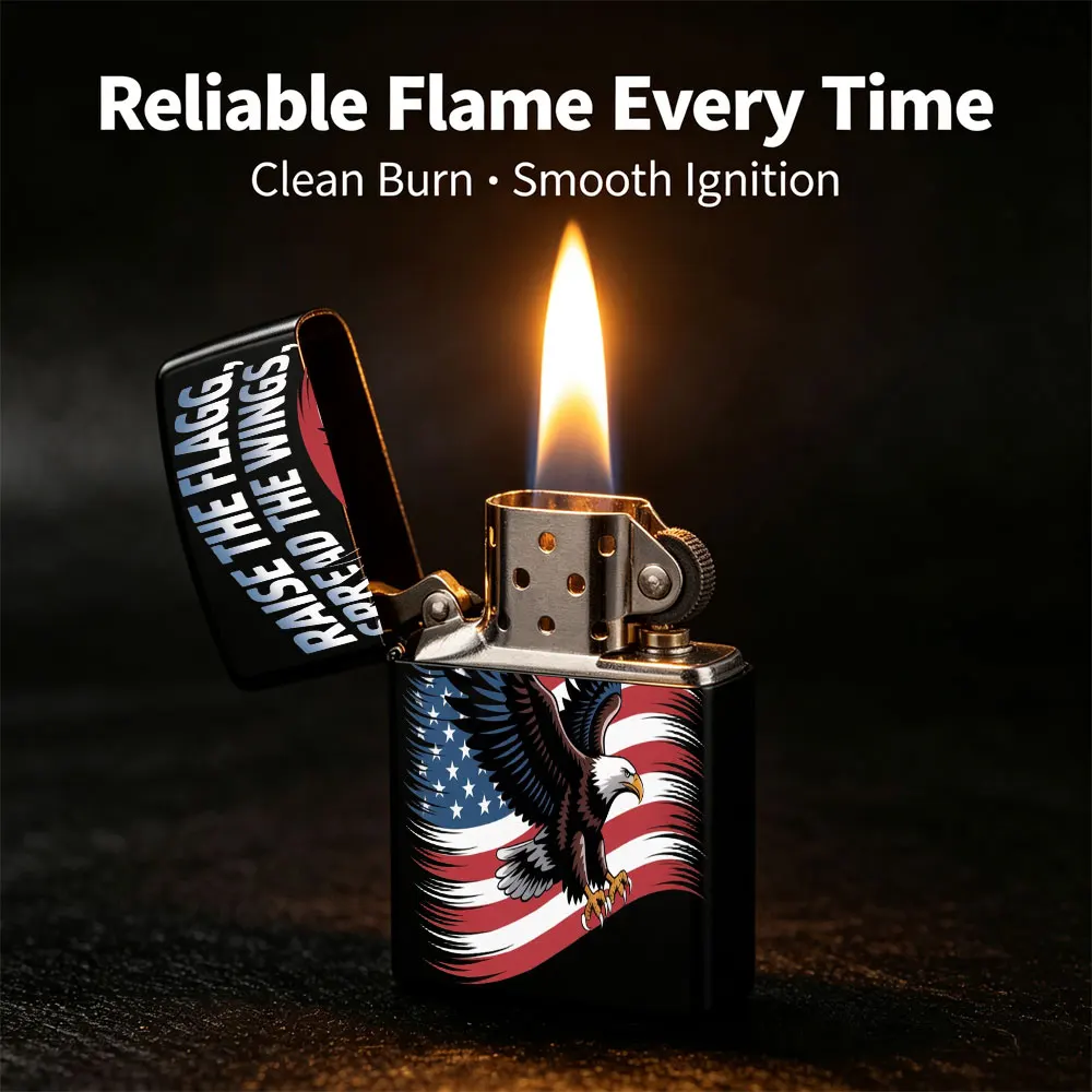 Pocket Lighter, Windproof Flip-Top with Bald Eagle & American Flag Design, Ergonomic Grip, Comfortable Hold, Smooth Ignition, Durable Shell