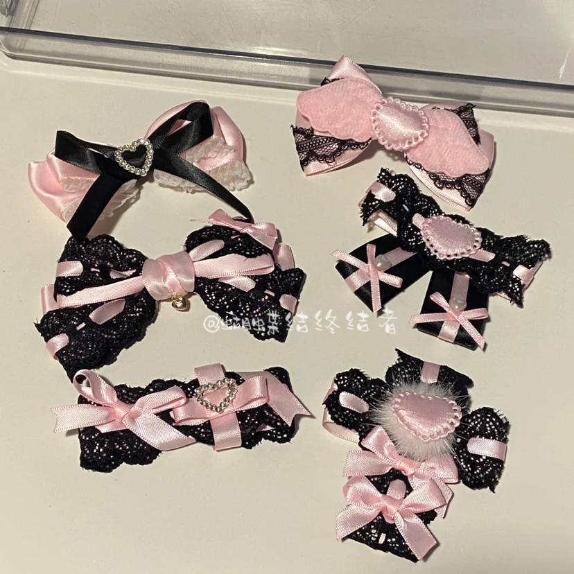 Lolita accessories black pink silk ribbon bow sweet cool star love cute girl hair clip Anime accessories