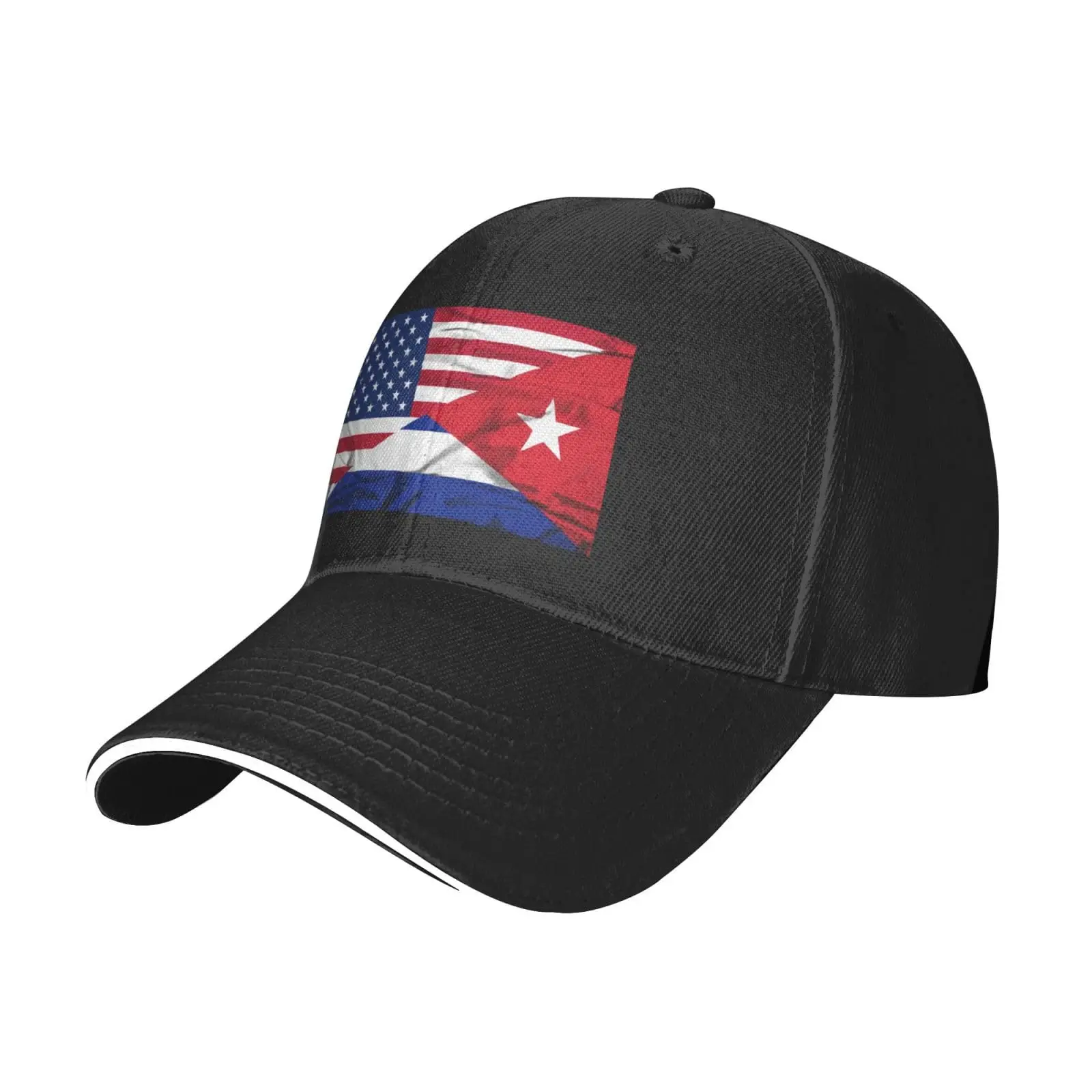 

Half American Half Cuban Flag Baseball Caps Womens Man's Fashionable Adjustable Trucker Hat Sandwich Baseball Hat Black