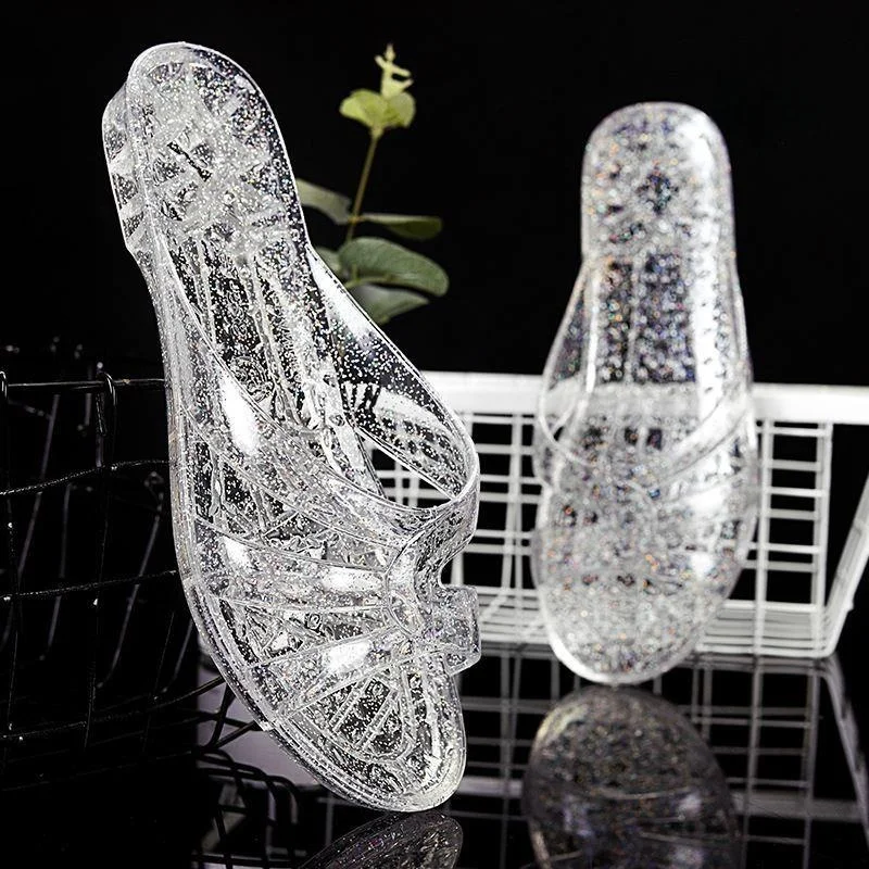 

Large Size Plastic Slippers Women's Indoor Home Bathroom Anti-Slip Soft Bottom PVC Crystal Transparent Summer Sandals