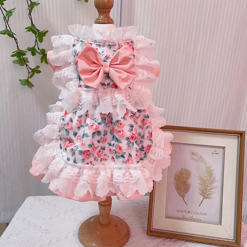 

2025 Autumn New Puppy Cats Costumes Flower Print Bow Pink Princess Dresses For Small Medium Dog Chihuahua Pet Clothes Coat Skirt