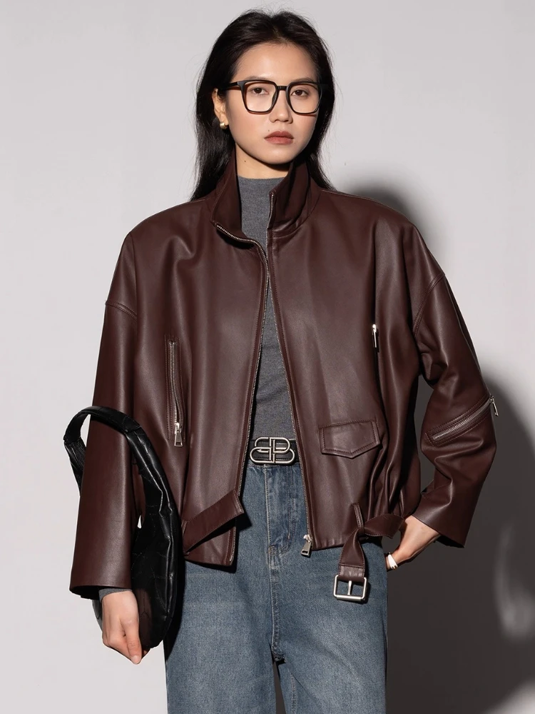 

Vintage Short Genuine Leather Motorcycle Jackets for Women High-end Simple Stand Collar Loose Soft Real Sheepskin Coat with Belt