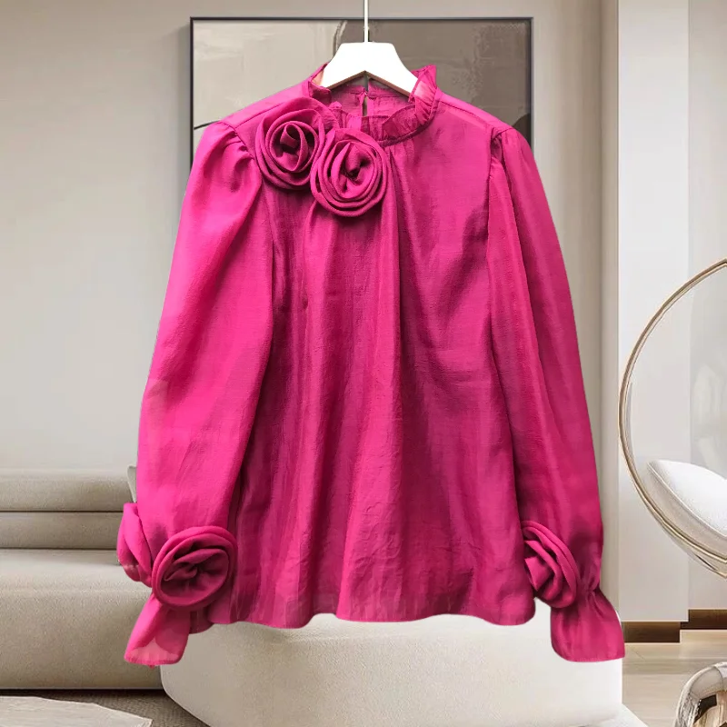 Spring 2024 French Style Shirt Women Three-dimensional Flowers Patchwork Colored Blouse Solid Long Sleeve Women Top 42927