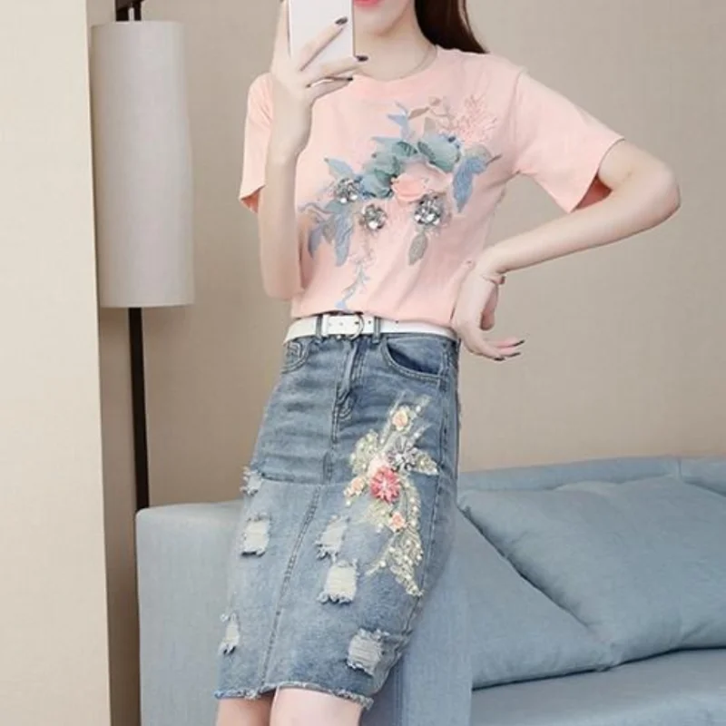 Kawaii 2 Pieces Sets for Women Short Sleeve Denim Lightly Cooked Commuting Midi Woman Outfit Pink Cotton Skirt Korea Full Co Ord