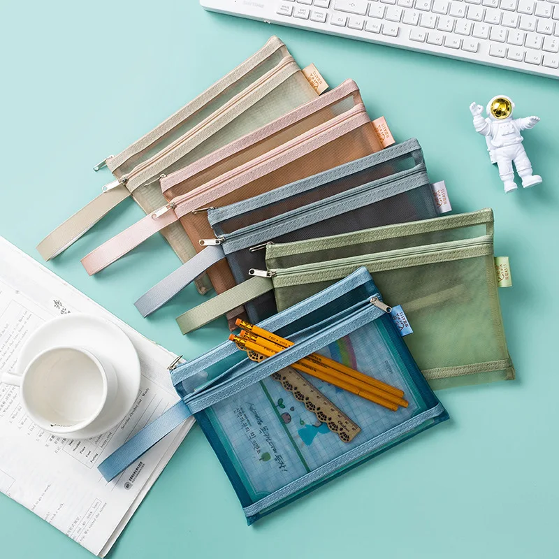 Morandi Double-layer A4 File Bag Test Paper Storage Bag A5A6 Mesh Pen Bag Transparent Office Classification Receipt Bag