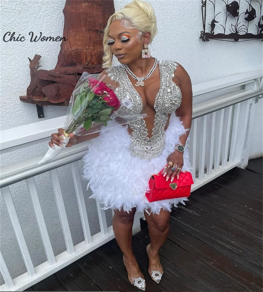 Gorgeous Diamond Baddie Prom Dress With White Feather Sexy Black Girls Aso Ebi Birthday Party Dress Elegant Formal Homecming