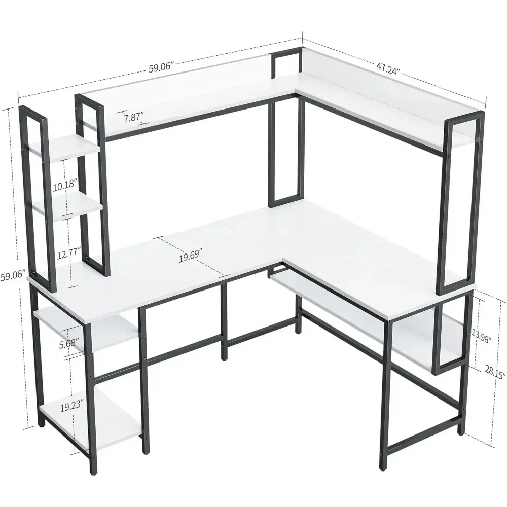 Large Home Office Desk With Bookshelf Computer Table Space-Saving L Shaped Gaming Desk With Hutch Study Standing Furniture