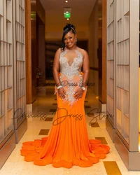 Glitter Orange Silver Diamonds Prom Dress For Black Girls 2025 Beaded Crystal Rhinestones Evening Gown Birthday Party Dresses