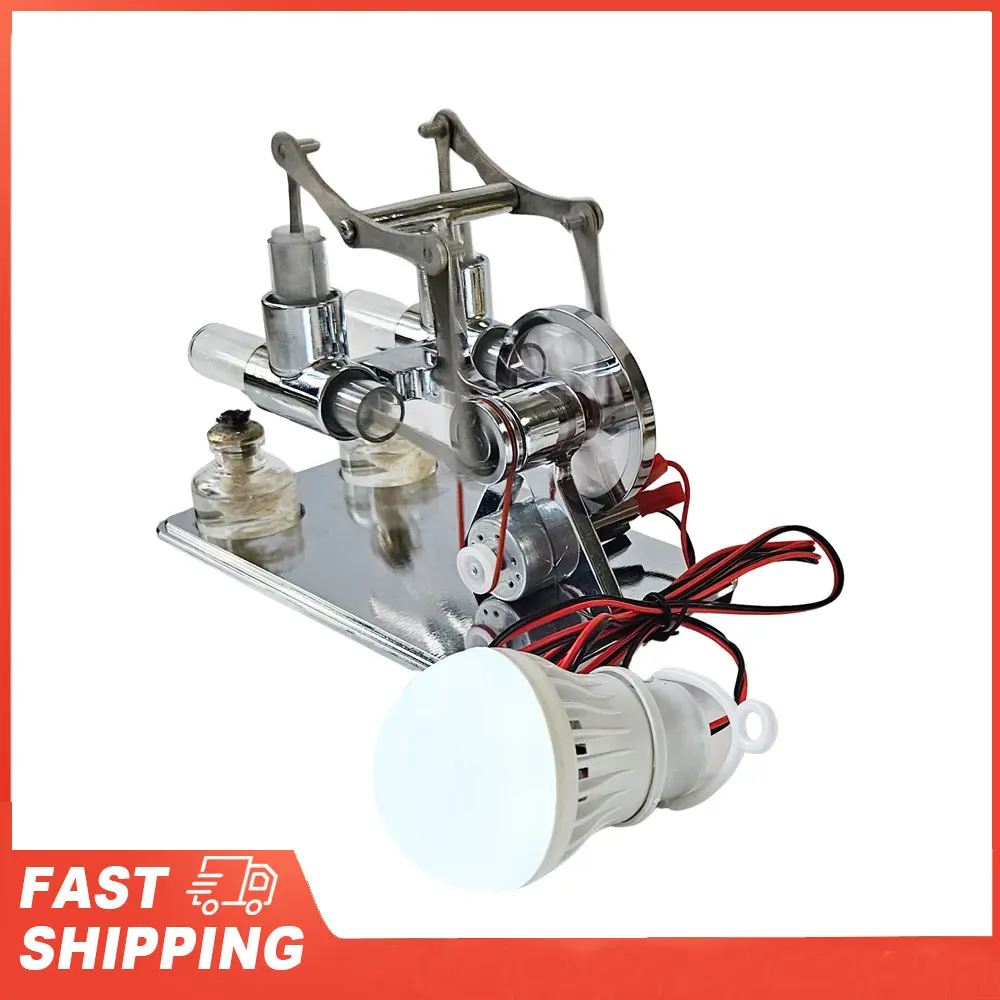 Hot Air Stirling Engine Electricity Generator Motor Physical Dual Engine Model with LED Bulb Dollar Flywheel Design DIY Toy