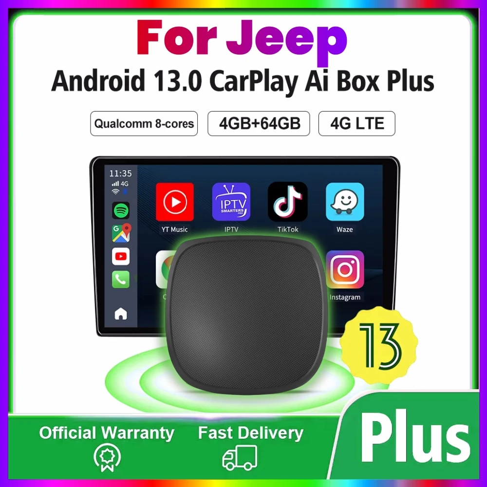 

Android 13 CarPlay Ai Box 4 + 64G GPS 4GLTE WiFi для YouTube Netflix для Jeep Compass Jeep Grand Cherokee и Renegade Cherokee Gladiator