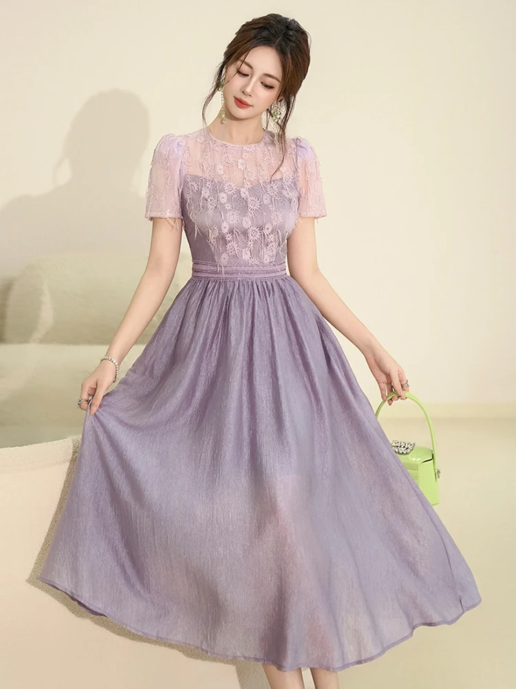 Sukienka damska fioletowa imitacja dwuczęściowej koronki z kwiatowym wzorem, prześwitująca, z dekoltem typu O, dopasowana, w kształcie litery A, elegancka, na imprezę, studniówkę, urodziny, vestido, robe, retro.