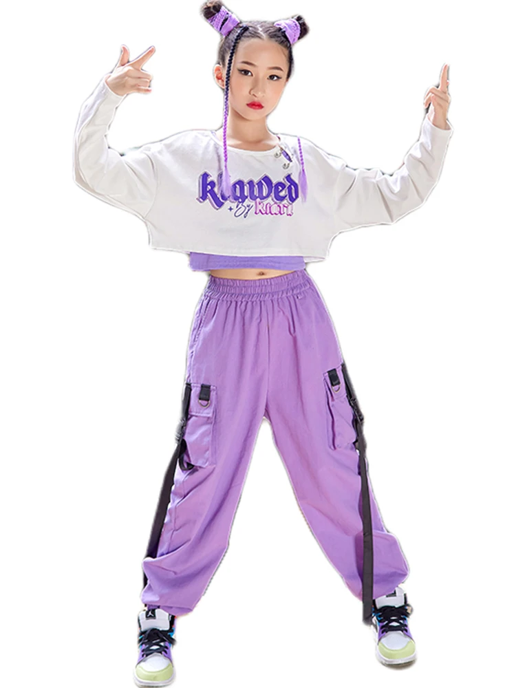 New Jazz Dance Costume Kids Hip Hop Clothes Girls White Crop Tops Purple Cargo Pants Long Sleeved K-pop Concert Show Wear BL9259