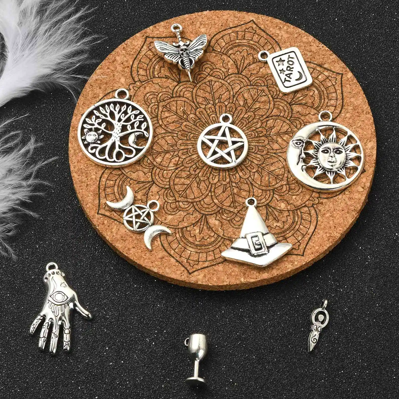 Pandahall 100Pcs 10 Styles Tibetan Religious Charms Wizardry Worshippers Theme Charms Tarot Card Charms for Jewelry Making DIY