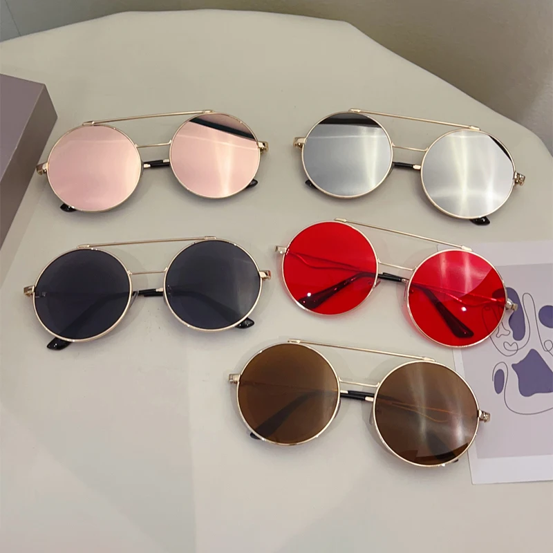 KAMMPT Vintage Round Sunglasses Men 2025 New in Fashion Double Bridge Mirror Shades Women Trendy Retro Brand Design Sun Glasses