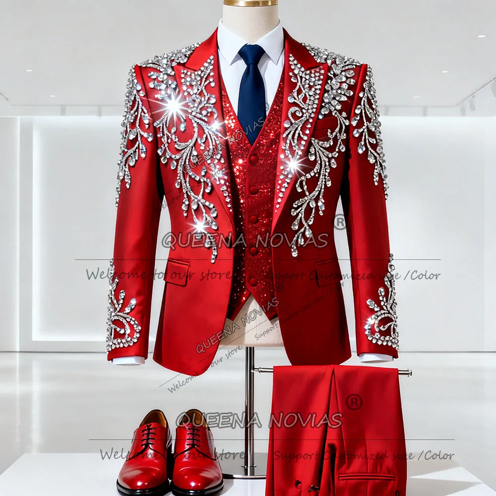 

Brilliant Rhinestone Crystals Suits Men For Wedding 3 Pieces Sets Single Breasted Prom Blazer Outfts Customized Groom Tuxedos
