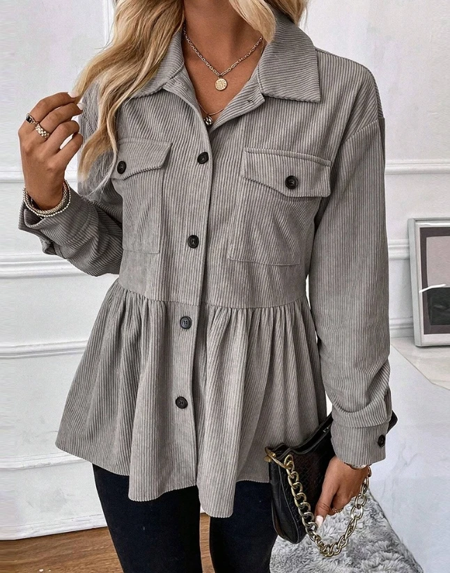 

New Fashion Corduroy Button Down Pleated Long Sleeved Casual Lapel Monochrome Jacket for Middle-Aged and Young Women In Stock