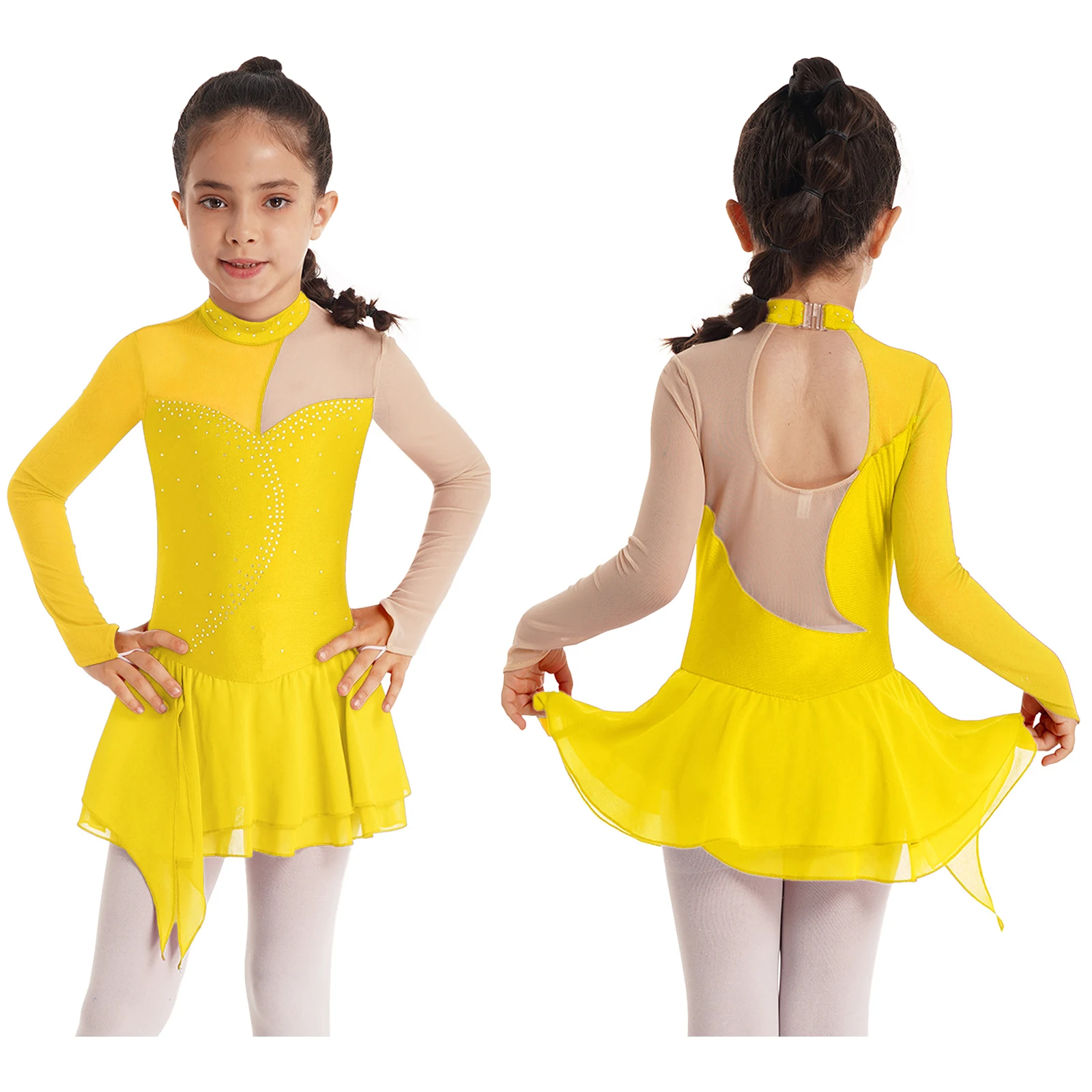 Kids Girls Ballet Gymnastics Leotard Tutu Dress Figure Skating Dance Performance Costume Long Sleeve Shiny Rhinestone Dancewear