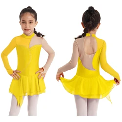 Kids Girls Ballet Gymnastics Leotard Tutu Dress Figure Skating Dance Performance Costume Long Sleeve Shiny Rhinestone Dancewear