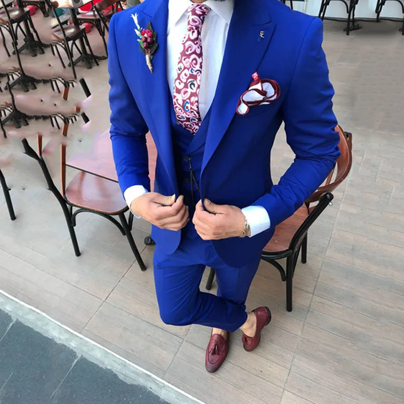 Casual Royal Blue Business Men Suit Slim Fit 3 Pieces Jacket+Vest+Pant Wedding Groom Tuxedos Custom Made Prom Party Formal Wear