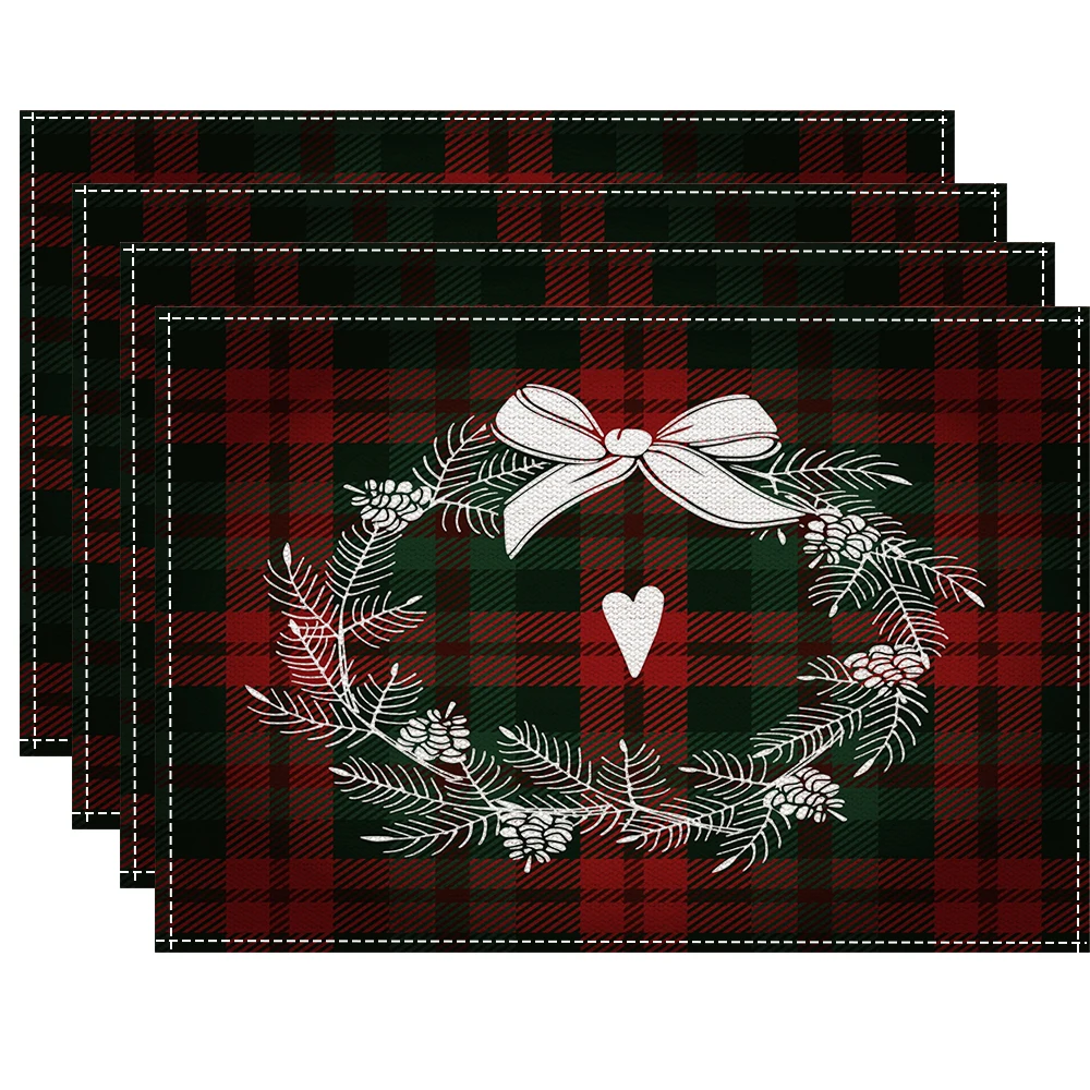 4/6/8pcs Christmas Placemats Linen Table Mats Non-Slip Washable Buffalo Plaid Xmas Tree Placemat for Party Kitchen Table Decor