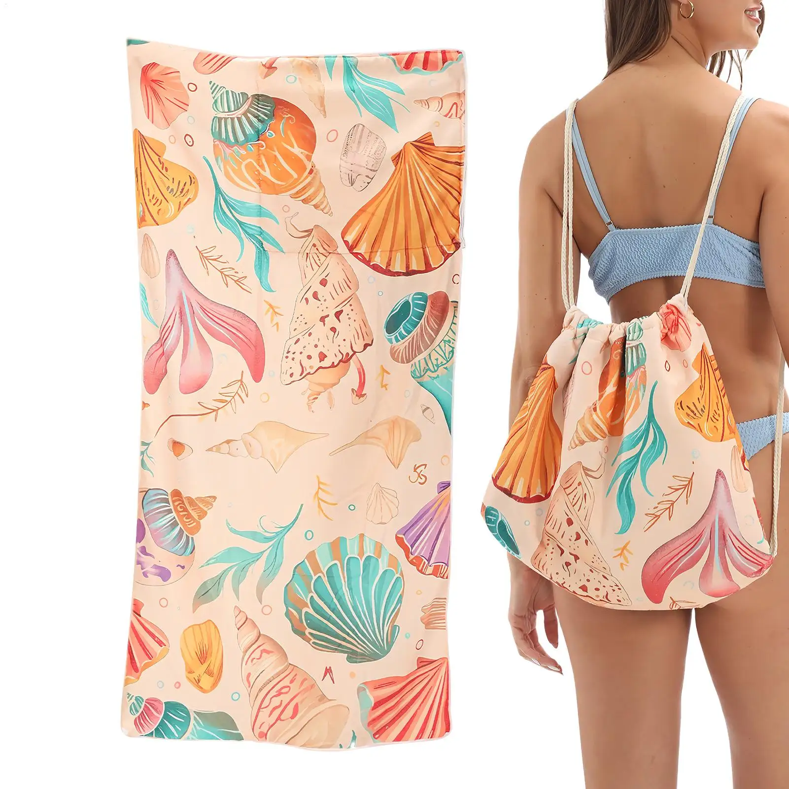 

Convertible Beach Towel Bag Pool Bath Mat Drawstring Bag Big Beach Towel Foldable Swim Towels Seashell Printed Towel Beach Towel