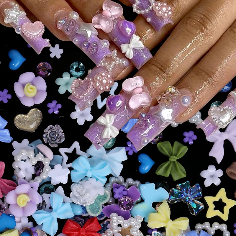 50Pcs Pearl Pink Bowknot Heart Shaped Mixed Nail Decorations Kawaii Nail Art Charms Star Butterfly DIY Nail Accessories