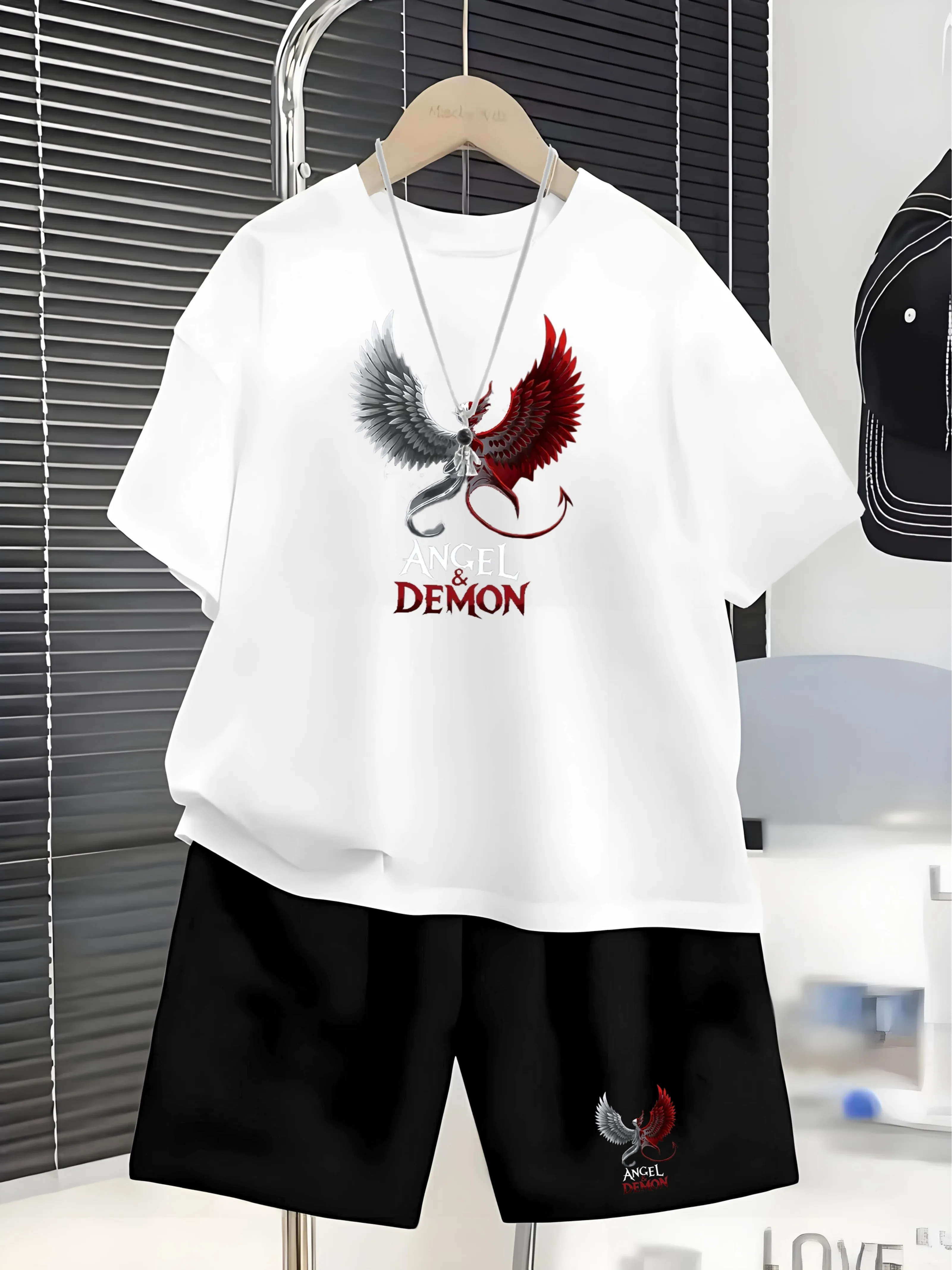 Cuhk Boys Casual Set Print ANGEL&DEMON Wings T-shirt Shorts Two Piece Youth Sports Two Piece Set