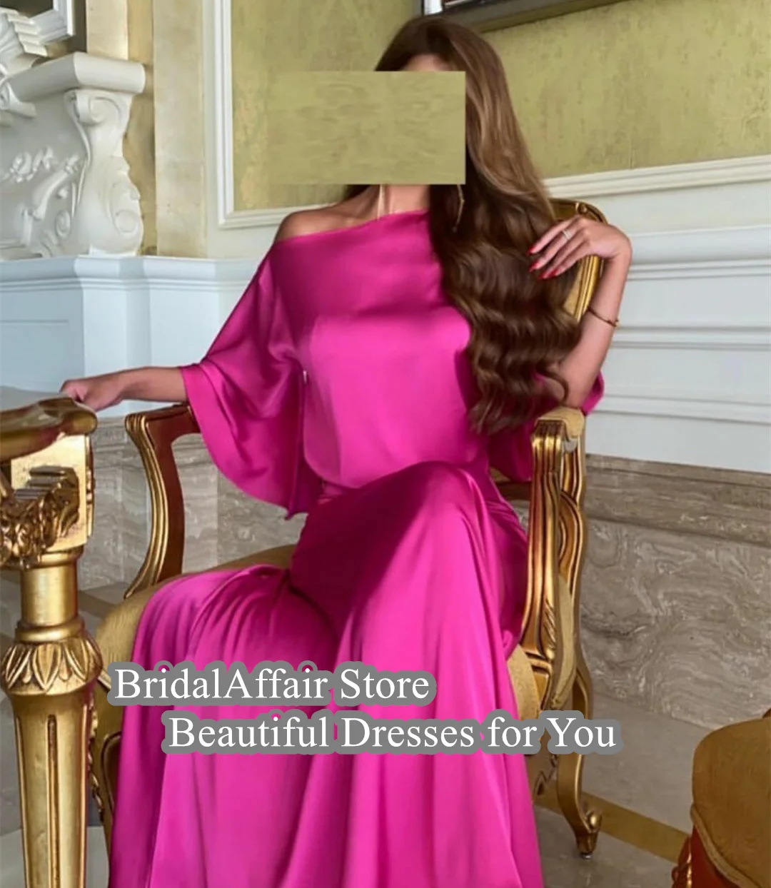 BridalAffair Elegant Fuchsia Long Satin Evening Dresses With Sleeves Mermaid Floor Length Robe De Mariée Party Gown For Women