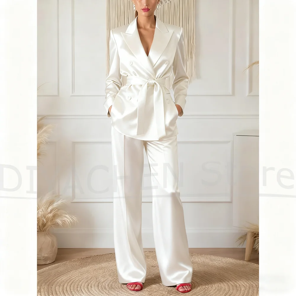 Women's Satin Suit Set with Belt Fashion Double Breasted Wear Chic Office Lady Wedding Prom Party Two Piece Pants Suits