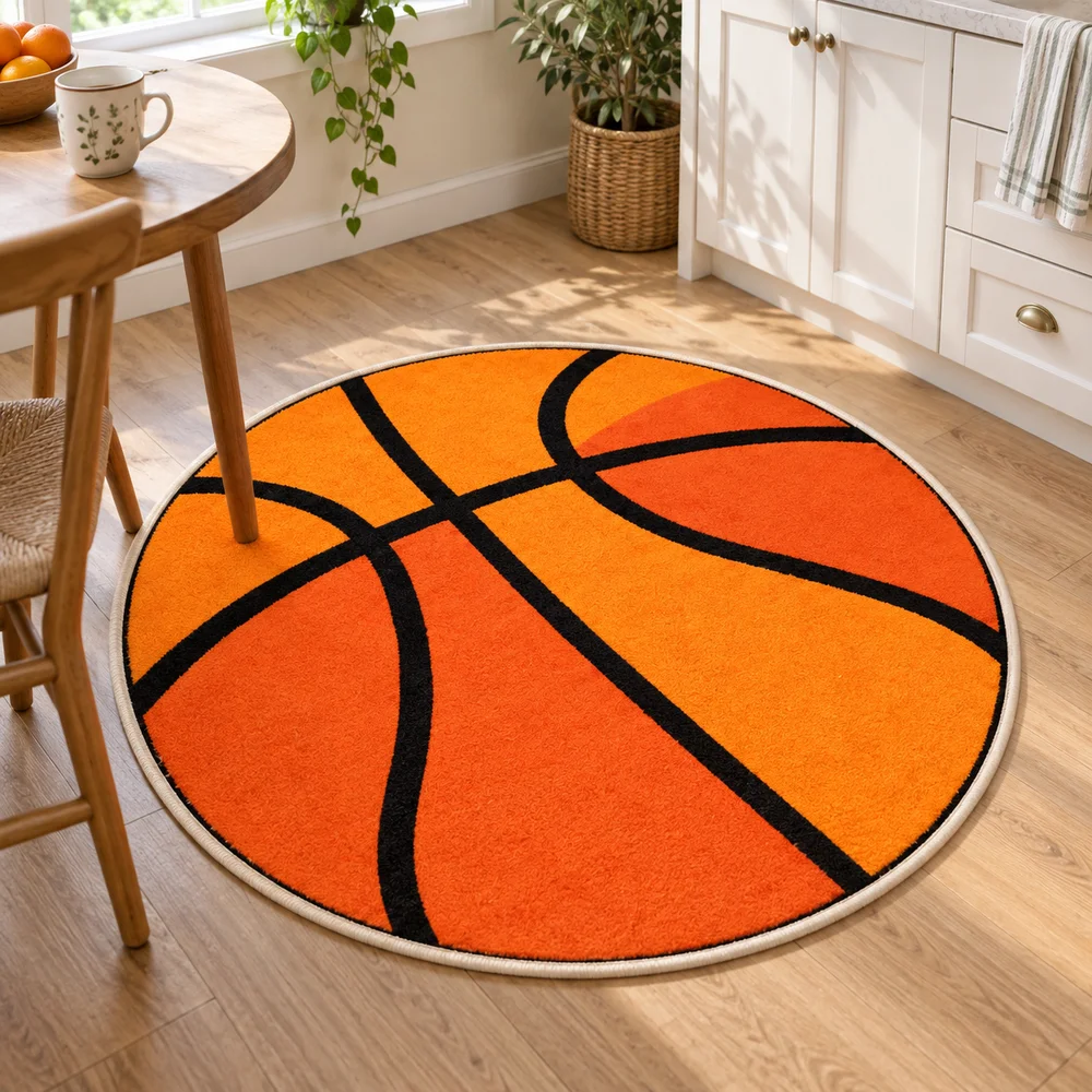Basketball Round Rug, Orange Sports Ball Floor Mat, Athletic Theme Decor for Bedroom, Living Room, Kids Room, Game Room, Gym