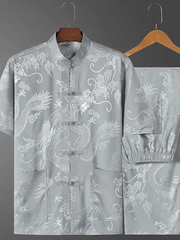 Abito Tang retrò modello drago di seta cinese Kung Fu Tai Chi abbigliamento Hanfu Fu Cheongsam da uomo con camicia tascabile camicia fondo