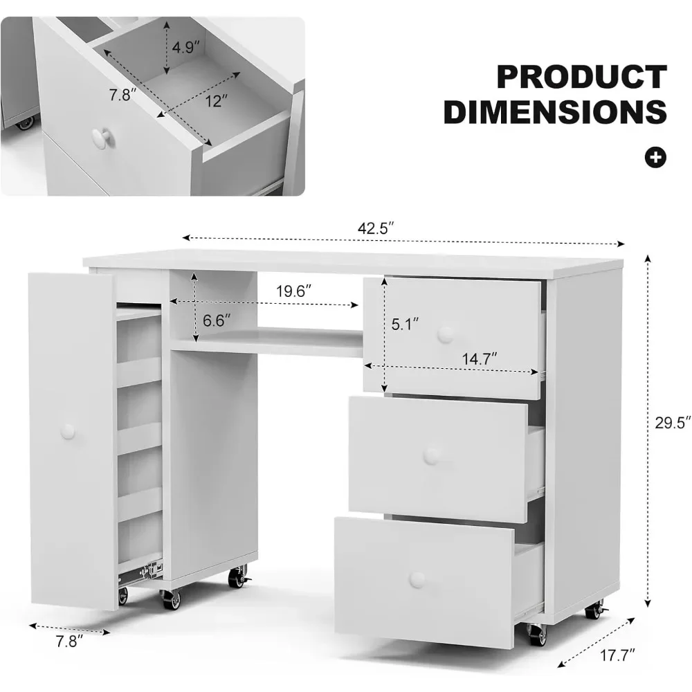 Manicure Table Nail Desk for Nail Tech W/3 Drawers & 1 Vertical Storage Cabinet  Acetone Resistant W/Lockable Wheels, White