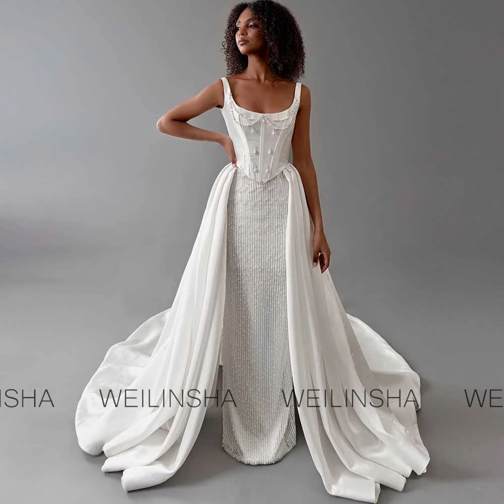 Luxury Dresses Women 2025 Wedding Satin Sheath/Column Wedding Party Dresses White Square Neck Pearls Lace Tailing Wedding Dress