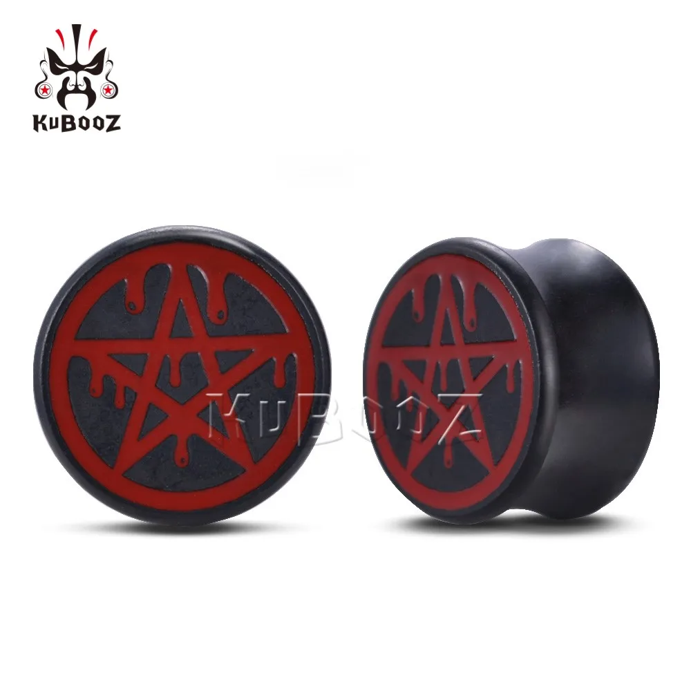 KUBOOZ Fashion Wood Red Pentagram Ear Tunnels Gauges Expanders Plugs Piercing Body Jewelry Earring Stretcher 2PCS