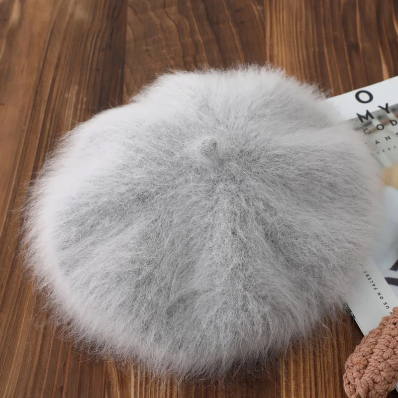 Long hairy mink velvet beret female women mink fur octagonal hat pumpkin hat knitted painter hat warm flight attendant hat