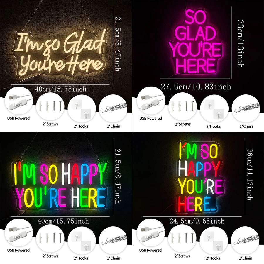 I'M So Happy You'Re Here Led Neon Sign, Positive Quotation Welcome Sign, Suitable For Bar Club Classroom Library Office Decor.