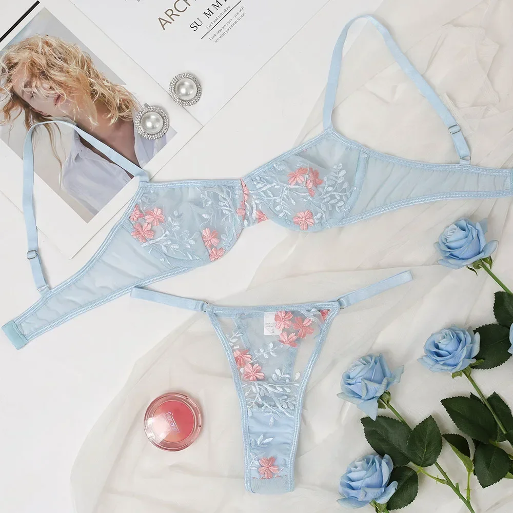 Floral Embroidery Bra Panty Sets Lingerie Women Sexy Transparent Bralette Bras Underwear Wire Free Erotic Set Sleepwear